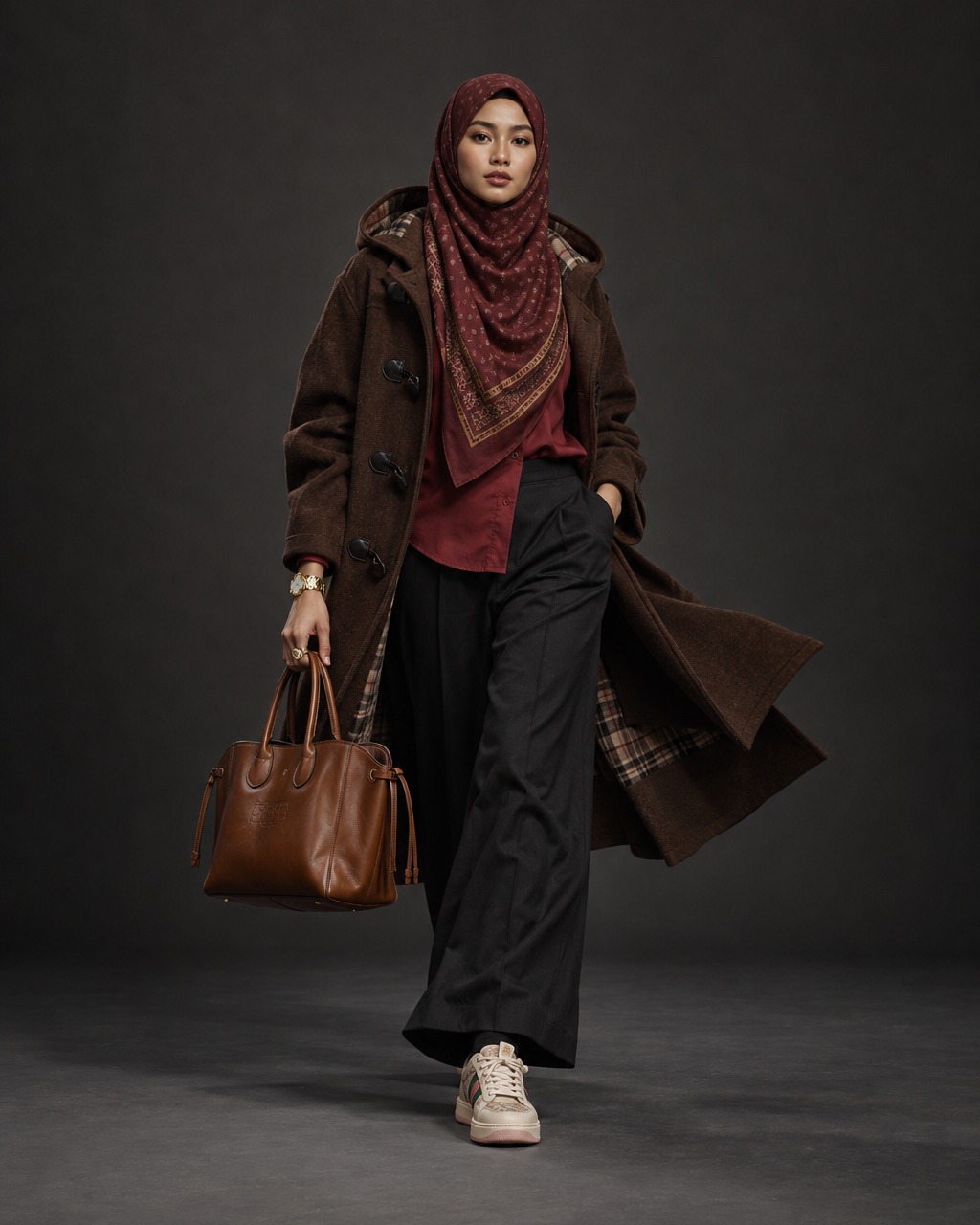 Potoly shoot: Aisha in a windblown stride wearing a brown duffle coat and a printed hijab draped over the chest