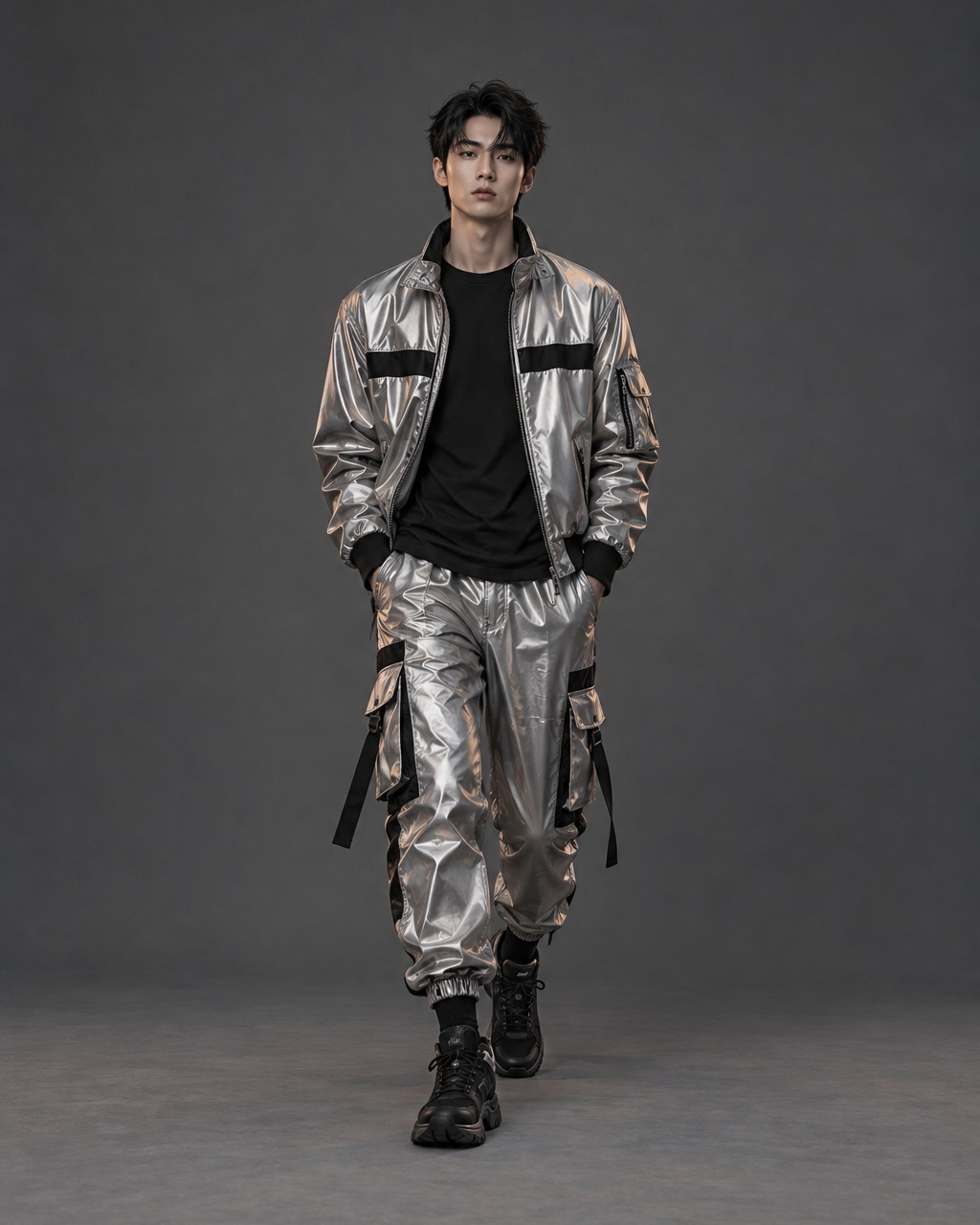 Potoly shoot: Kenji stepping forward in a metallic silver bomber and cargo pants