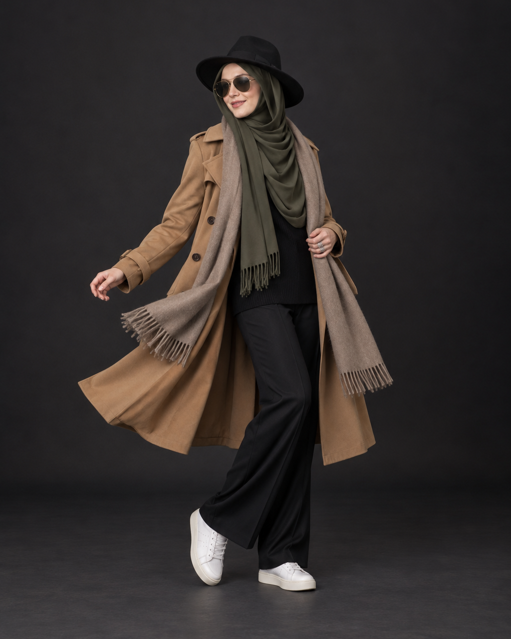 Potoly shoot: Aisha twirling in a camel trench and an olive hijab draped over the chest